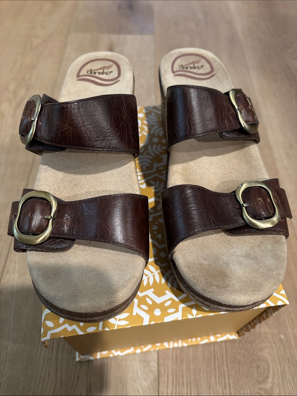 Dansko Brown Leather Double Strap Buckle Slide Wedge Sandals - Size 36/5